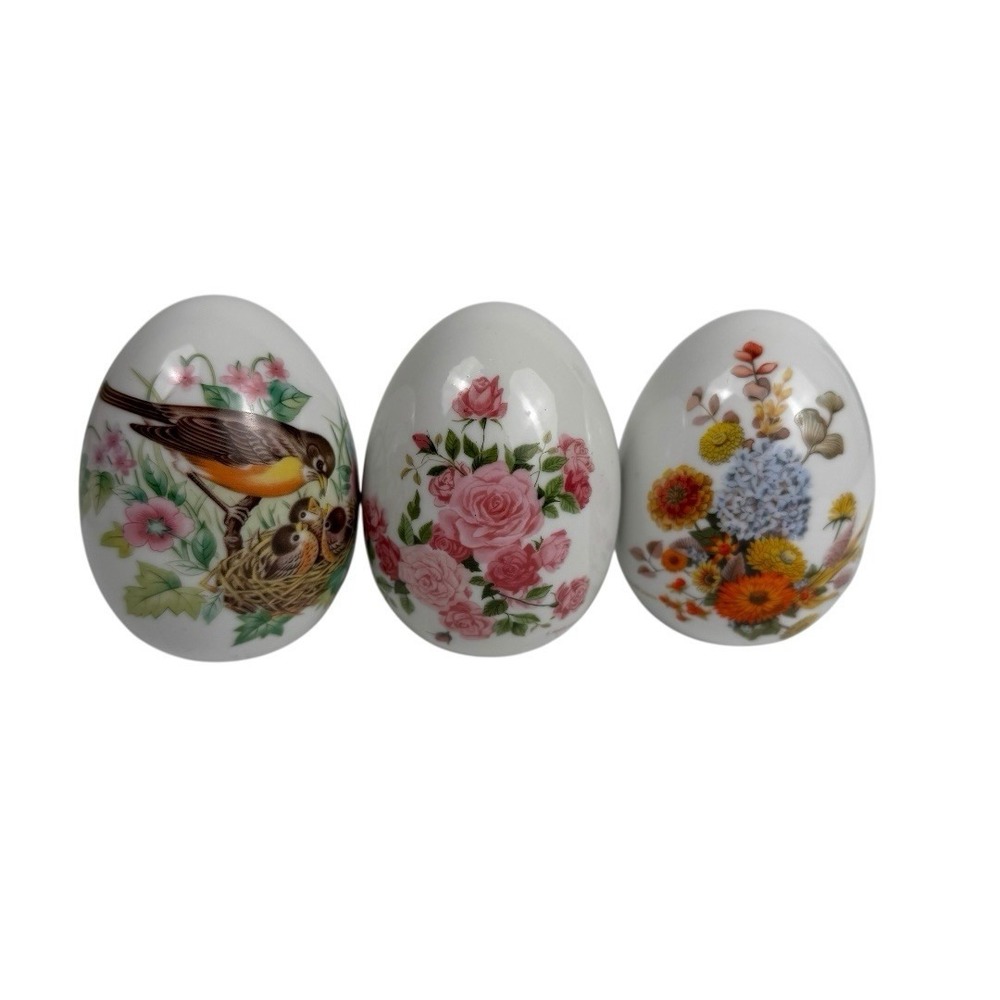 Vintage Set Of 3 Avon Porcelain Eggs - Four Seasons‎ - Birds Roses C14Q